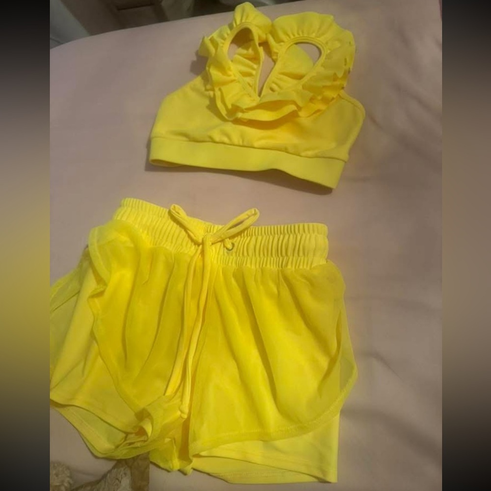 Yellow Women's Ruffled Crop Top and Shorts Set